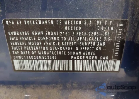 2016 Volkswagen Golf Sportwagen Tsi Se 4-Door z USA, uszkodzony, nr VIN 3VWC17AU2GM522363